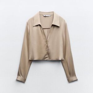 Zara Cropped Satin Shirt – Sand – Medium
